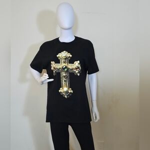 Black Short Sleeve Tee with Embellished Cross